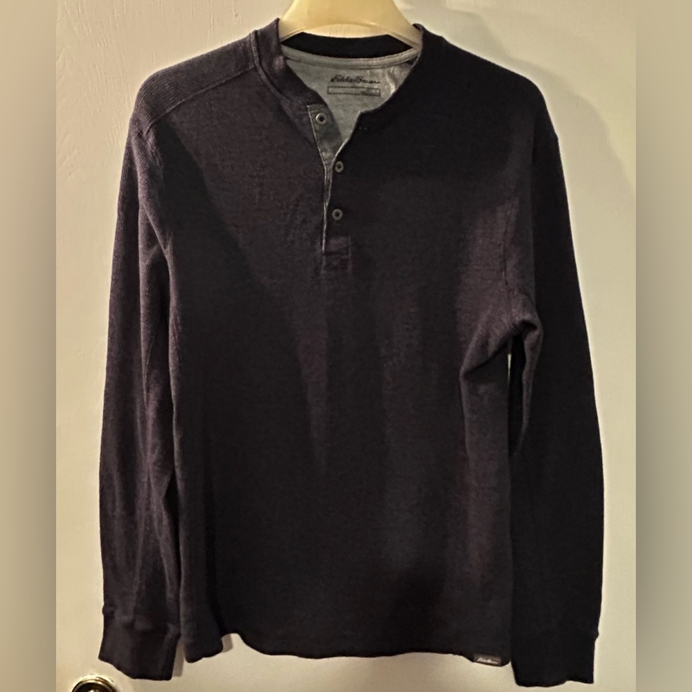 Eddie Bauer Dark Navy Long-Sleeve pullover 3/4 button Shirt Size L